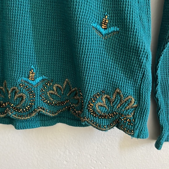 Lucky Brand Boho Teal Gold Beaded Waffle Top XL - Picture 2 of 3
